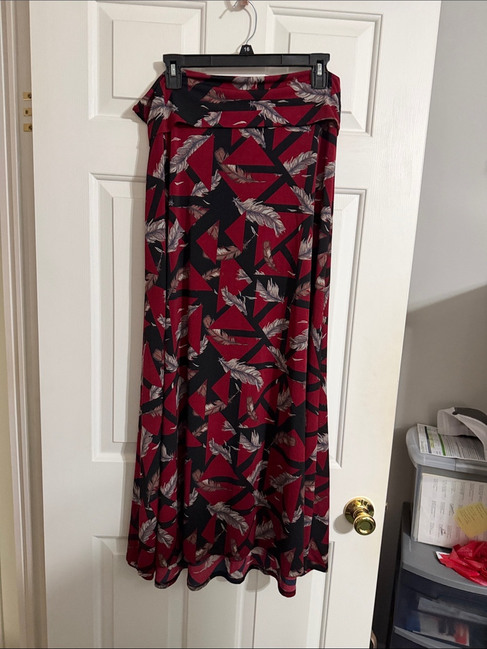 LuLaRoe Maroon and Black Feather Geometric Maxi Skirt